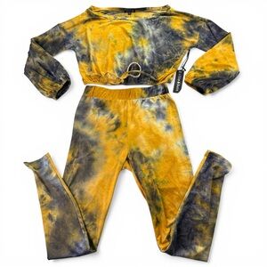 NWT Ellie & Kate Tie Dye Matching Set Yellow Black Crop Top Leggings Size M